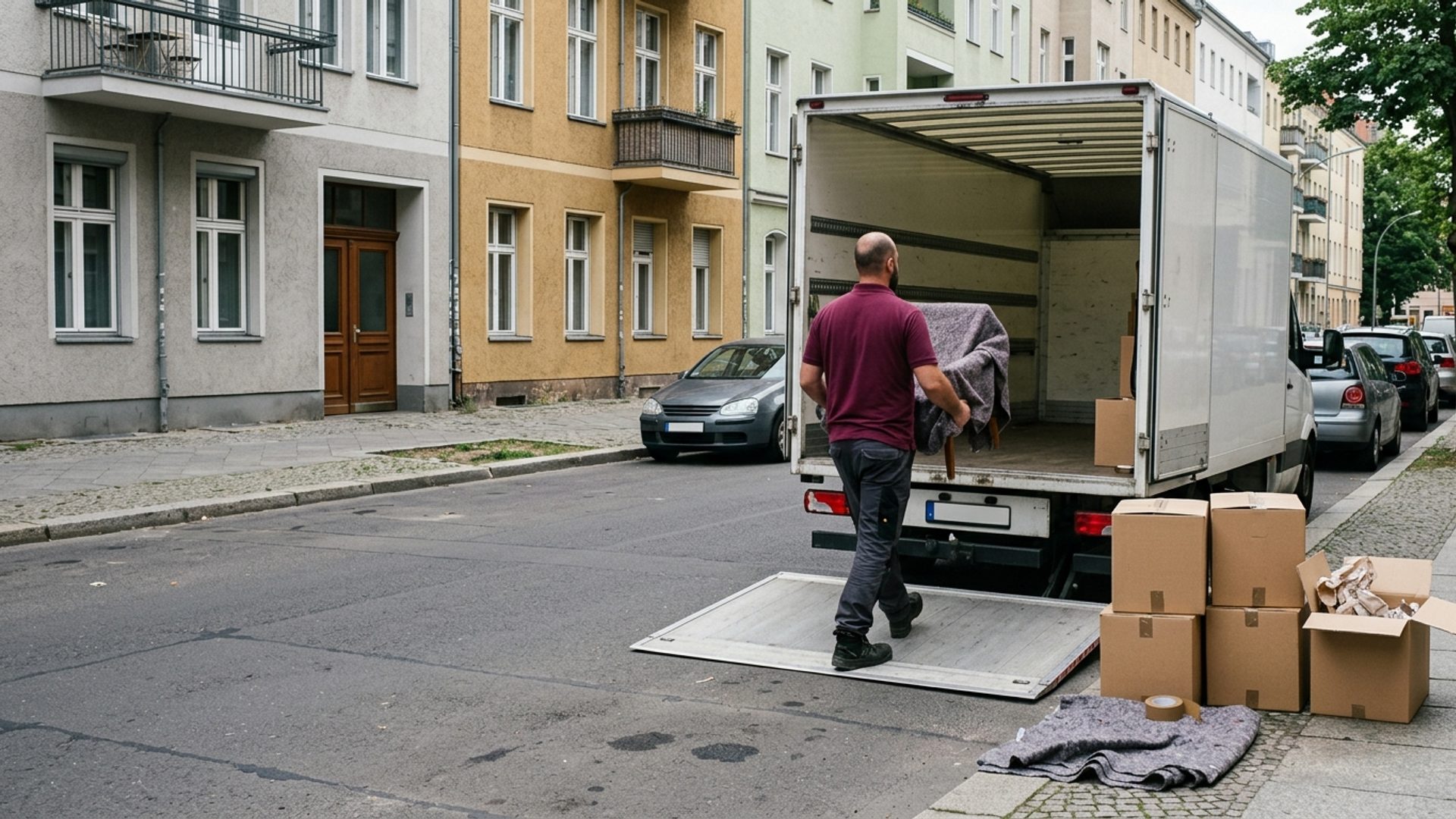 Umzugswagen mit ausgefahrener Ladebordwand an einer Wohnstraße im Bezirk Mitte, daneben gestapelte Kartons