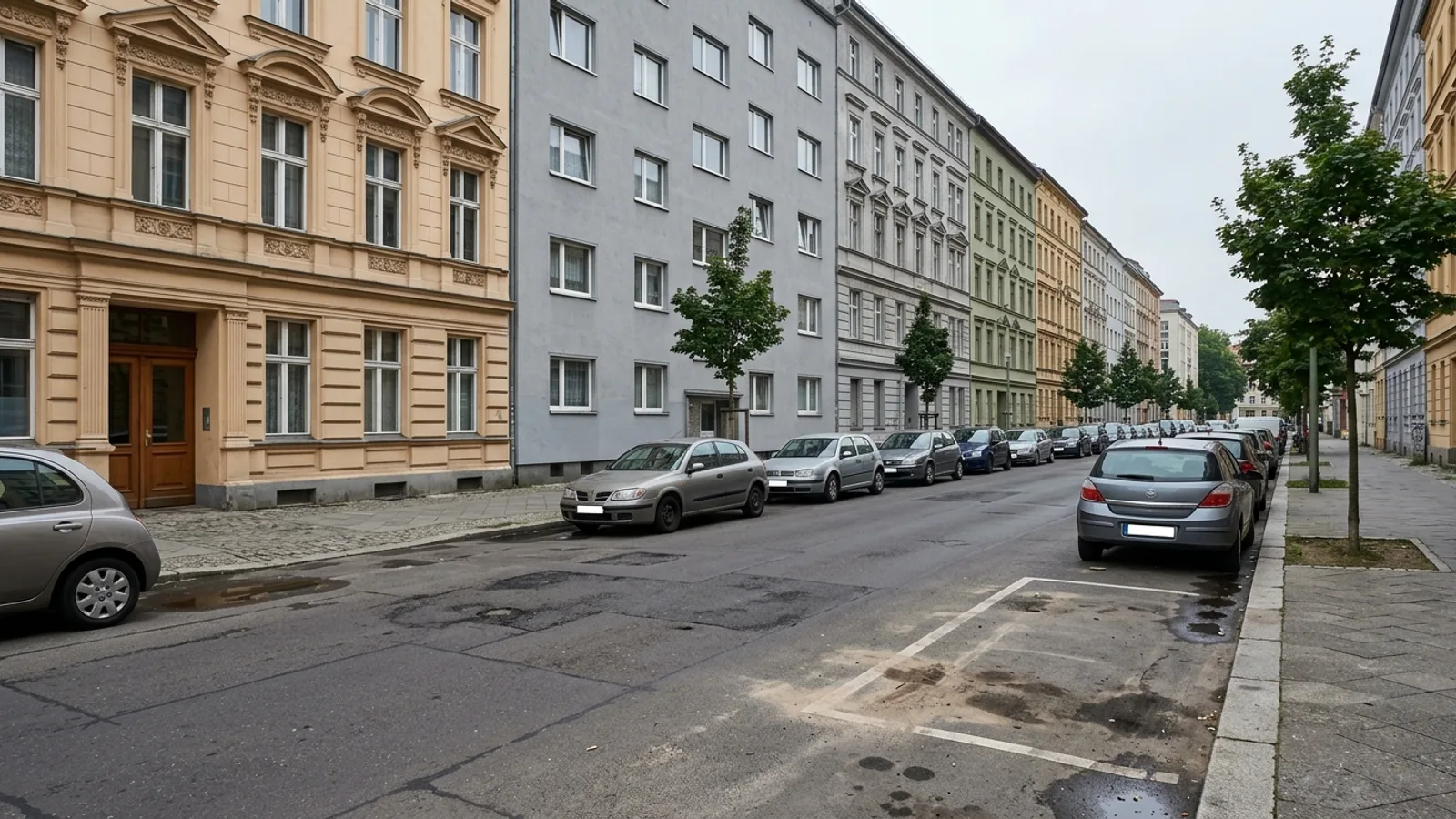 Straßenzug im Bezirk Mitte mit Gründerzeitfassaden neben einem Nachkriegsbau, davor eine freie Ladefläche am Bordstein